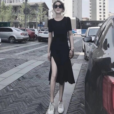 港味复古chic裙子黑色开叉连衣裙女夏季修身显瘦赫本风高级感黑裙