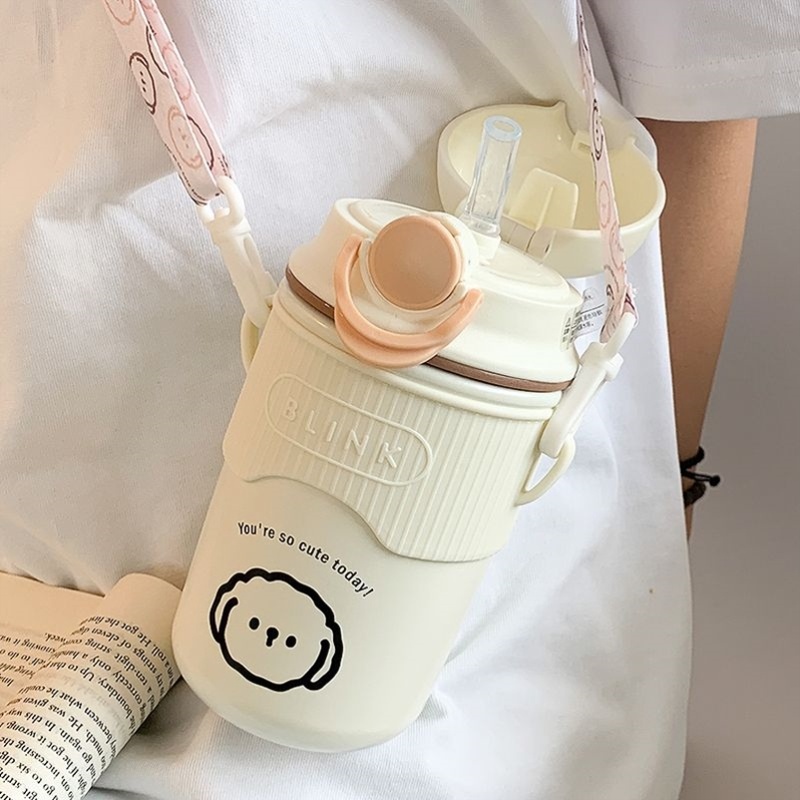 可爱保温杯女生高颜值吸管水杯2024新款学生儿童便携背带斜挎杯子