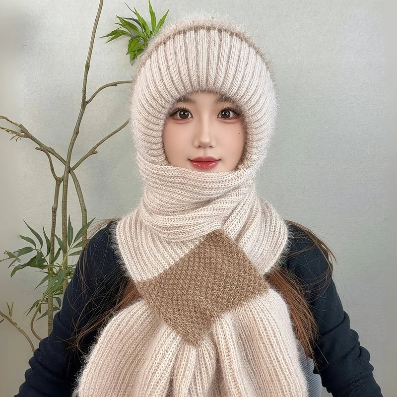 麟志甄选新款秋冬加绒加厚编织风雪帽女士冬天护耳朵帽子围巾一体