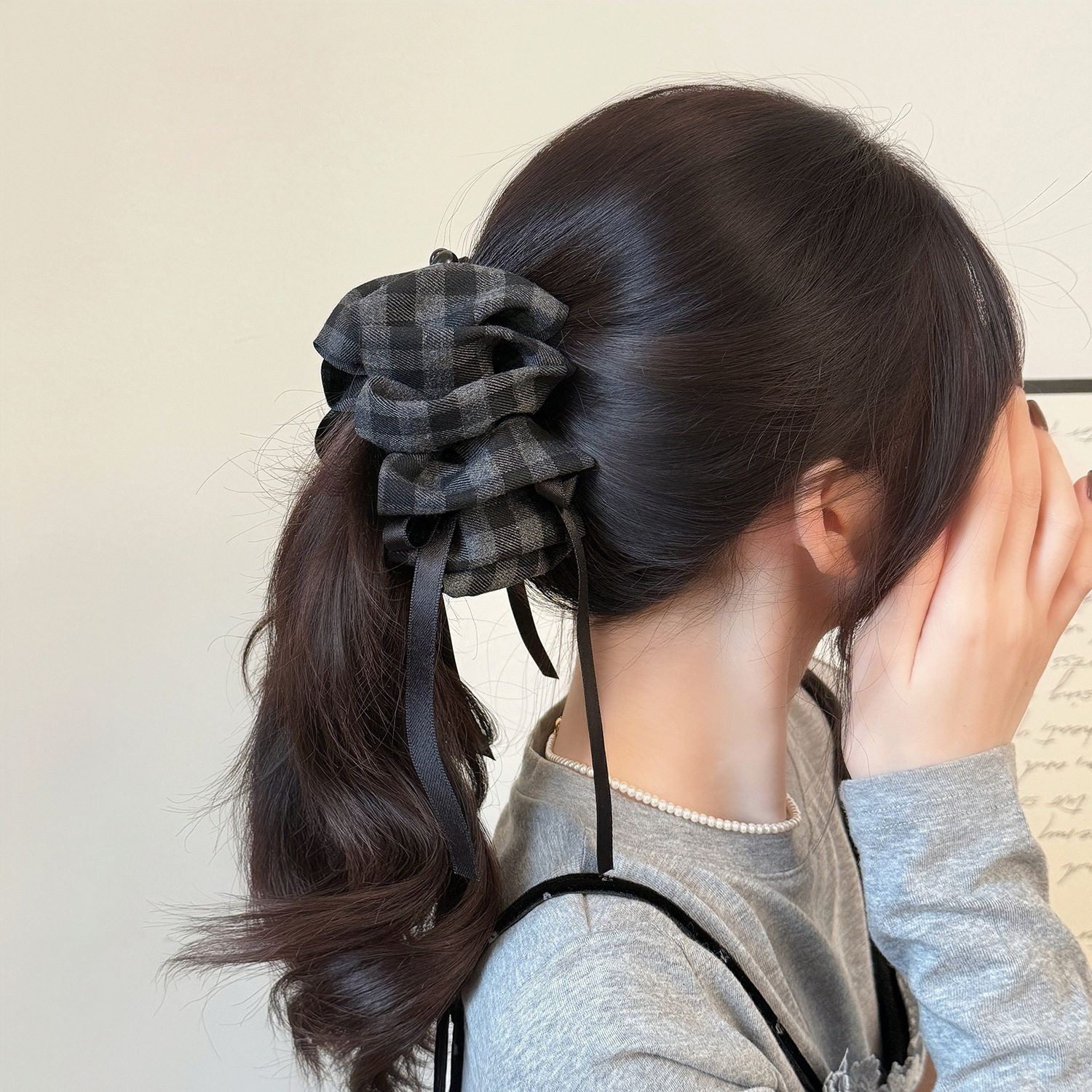 格纹小香风复古感香蕉抓夹女布艺云朵泡泡发夹秋冬后脑勺头饰发卡