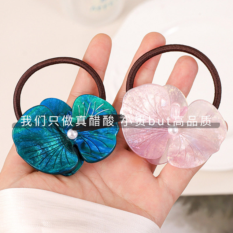 日韩精致真醋酸纹理人鱼粉蝴蝶兰发绳早春发饰感多色花朵皮筋
