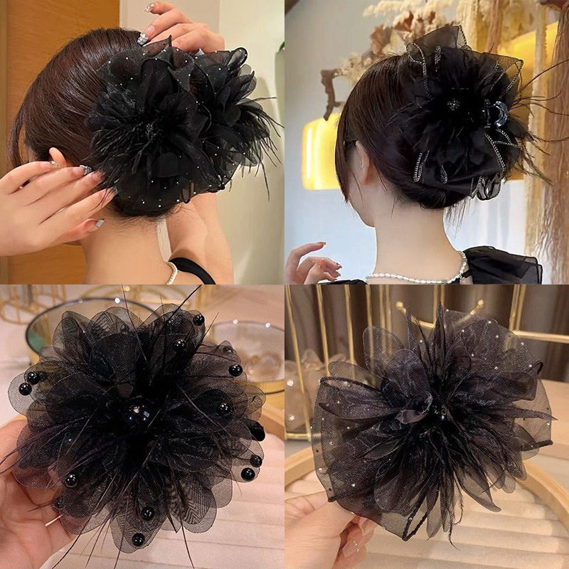 感缎面大号黑色蝴蝶结鲨鱼夹头饰后脑勺高马尾发夹抓夹女发卡