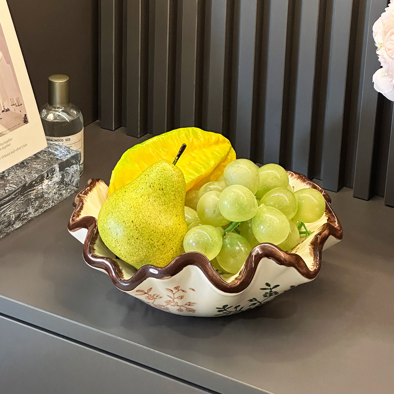 荷叶繁花陶瓷果盘家用客厅茶几水果盘零食干果盘高颜值点心糖果盘