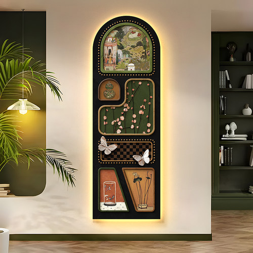 中古风玄关装饰画法式复古花鸟高级感LED灯画入户走廊过道壁挂画