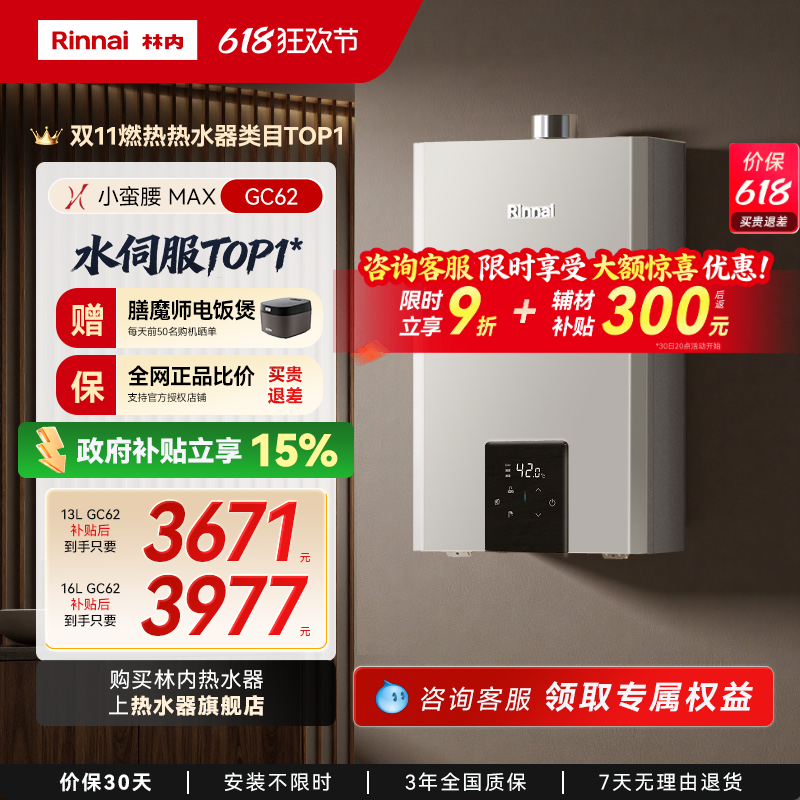 [小蛮腰MAX水伺服]林内燃气热水器家用恒温天然气官方13/16升GC62