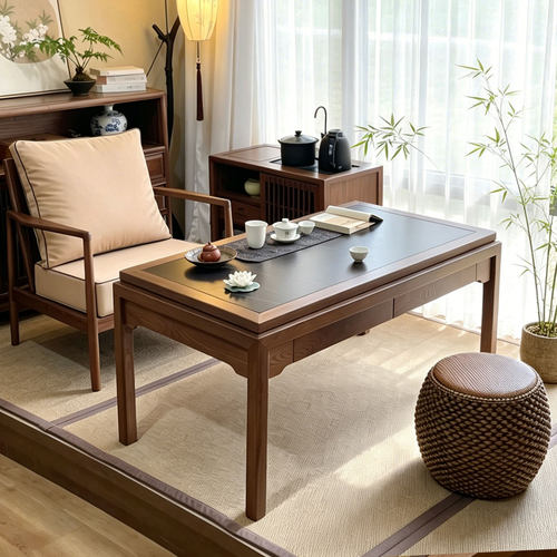 有枝黑胡桃木岩板茶桌小型