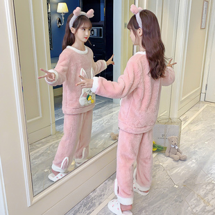 女童珊瑚绒睡衣秋冬季加厚款儿童法兰绒家居服中大童粉色套装