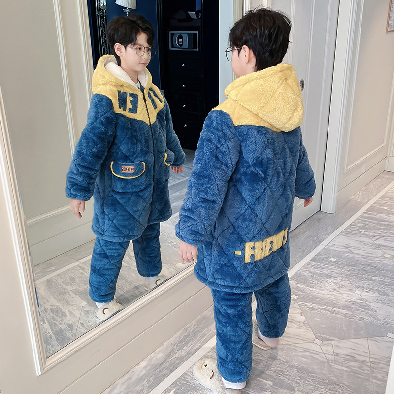儿童睡衣冬季加厚款男童法兰绒三层夹棉加绒珊瑚绒丈青新款家居服
