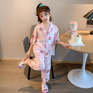 女童睡衣夏季薄款绵绸2024新款儿童棉绸家居服小女孩草莓兔套装