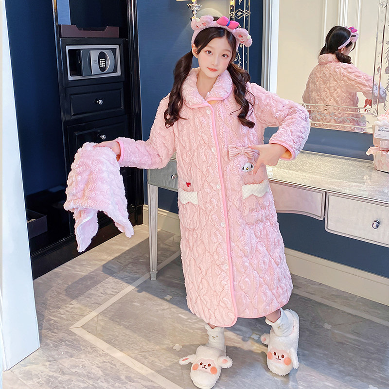 儿童睡衣冬季加厚款三层夹棉女童小孩珊瑚绒法兰绒睡袍2024新款