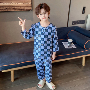 儿童棉绸睡衣薄款男童小孩绵绸夏季天空调座格子家居服中大童套装