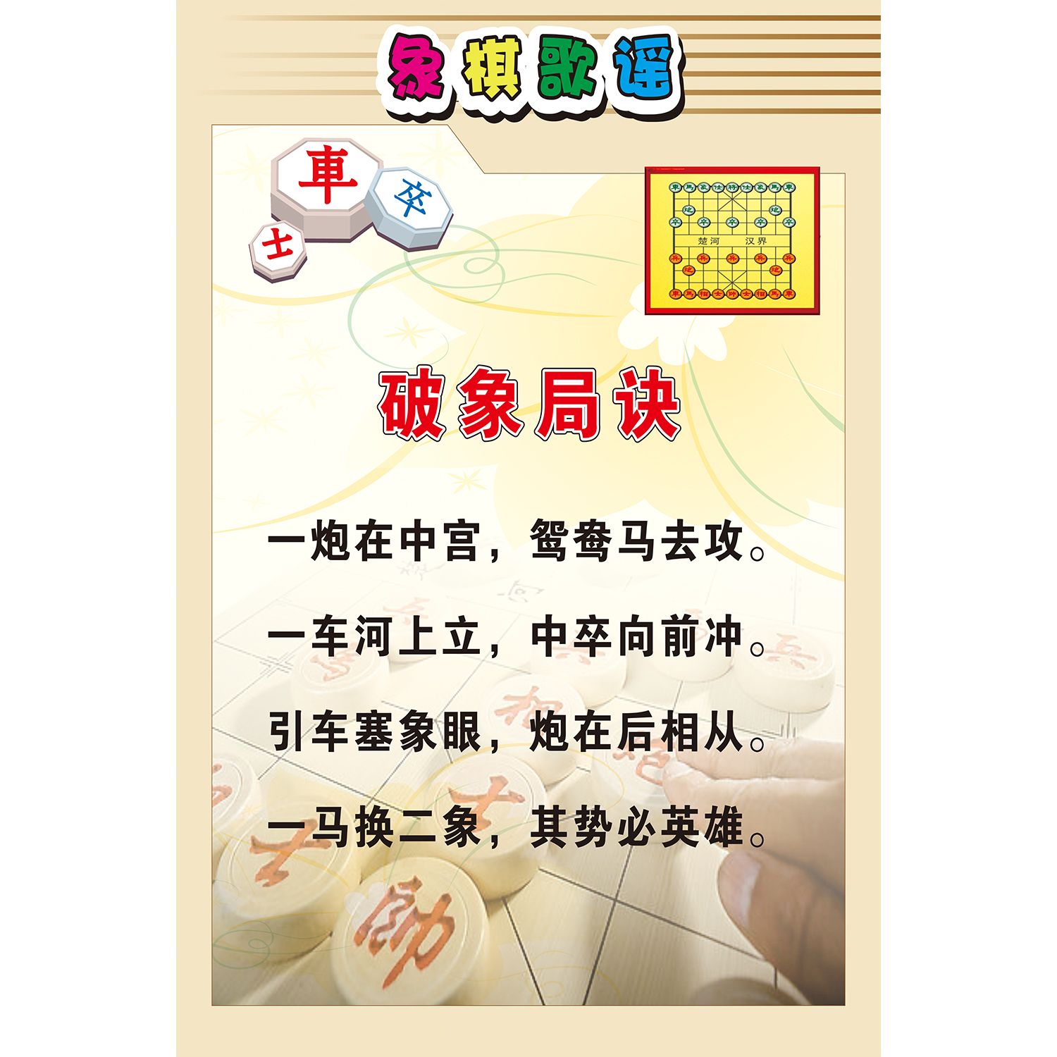 象棋棋谱口诀表初学者棋谱墙贴象棋棋盘棋子走法口诀宣传海报印制