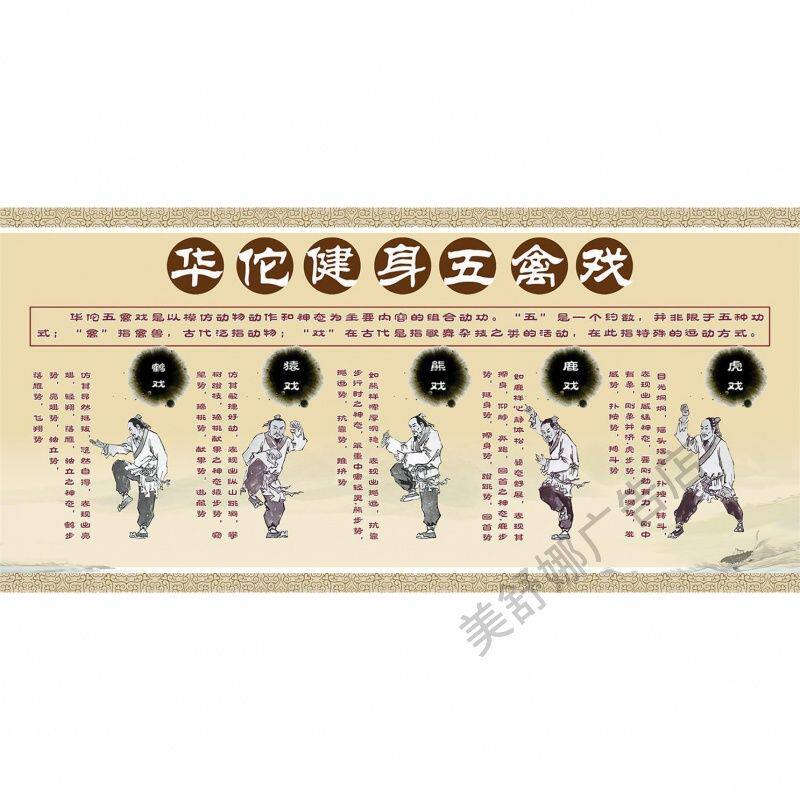 中医养生理疗晨锻炼华佗五禽戏少林气功八段锦挂图套路海报墙贴画