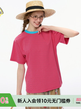 SEE YOU at PIZZA T恤2025夏青春休闲简约撞色细条纹 T恤494828