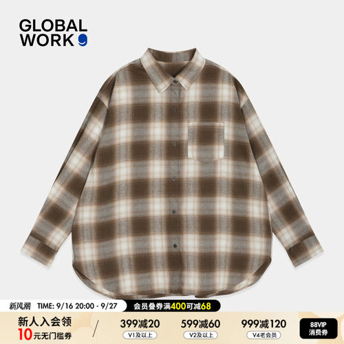 GLOBAL WORK 衬衫女2026秋季新款含莱赛尔格纹翻领上衣1074909