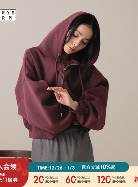 LOWRYS FARM短外套女2025冬季新款红色双拉链长袖连帽卫衣588894