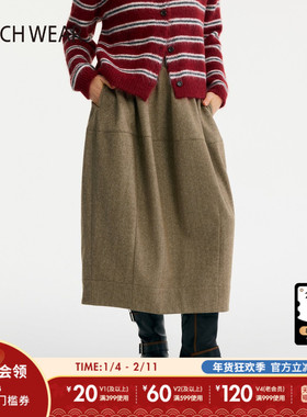 BUCH WEAR裙子女2026春季简约羊毛混纺日系复古直筒半身裙606351