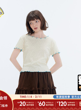 SEE YOU at PIZZA T恤女2026春季新款碎花木耳边短袖上衣588989