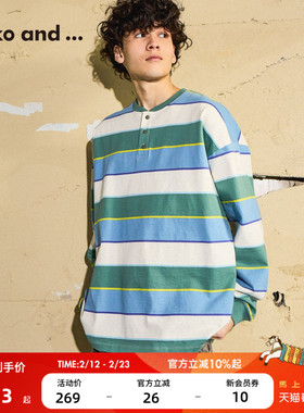 niko and ...T恤男女同款2026春季新款撞色亨利领棉质上衣639054