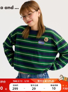 niko and ...T恤女2026春季新款条纹刺绣抽绳下摆长袖上衣636941