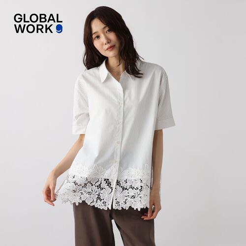 GLOBAL WORK 衬衫女2026夏季新款日系条纹蕾丝拼接短袖衬衣797506