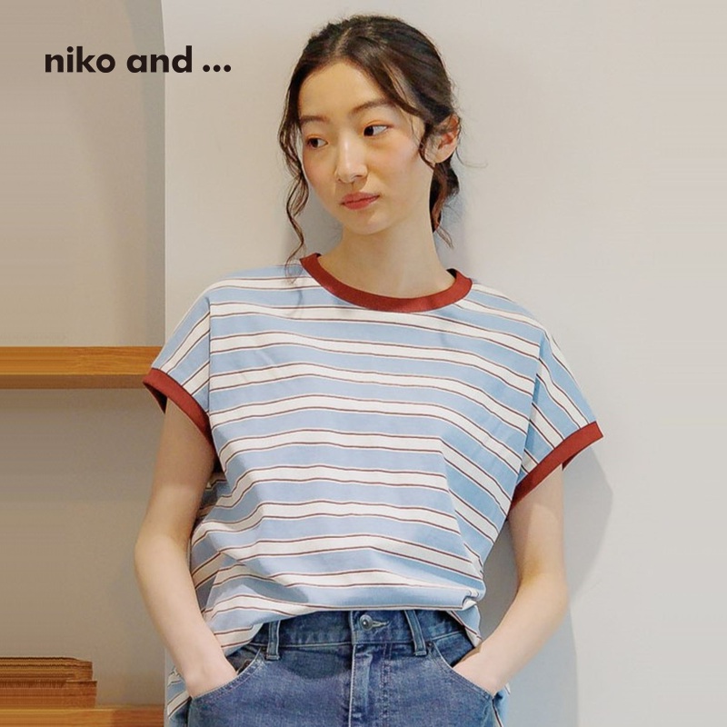 niko and ...T恤2025夏季新款淡人女士条纹圆领短袖上衣234916
