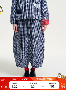 SEE YOU at PIZZA休闲裤女2026春季新款小格子阔版灯笼裤641496