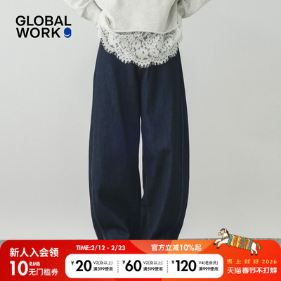 GLOBAL WORK 牛仔裤女2026春季新款做旧折痕棉质宽松弯刀裤600980