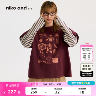 条纹假两件印花长袖 niko 新款 ...T恤女2026春季 上衣653964 and