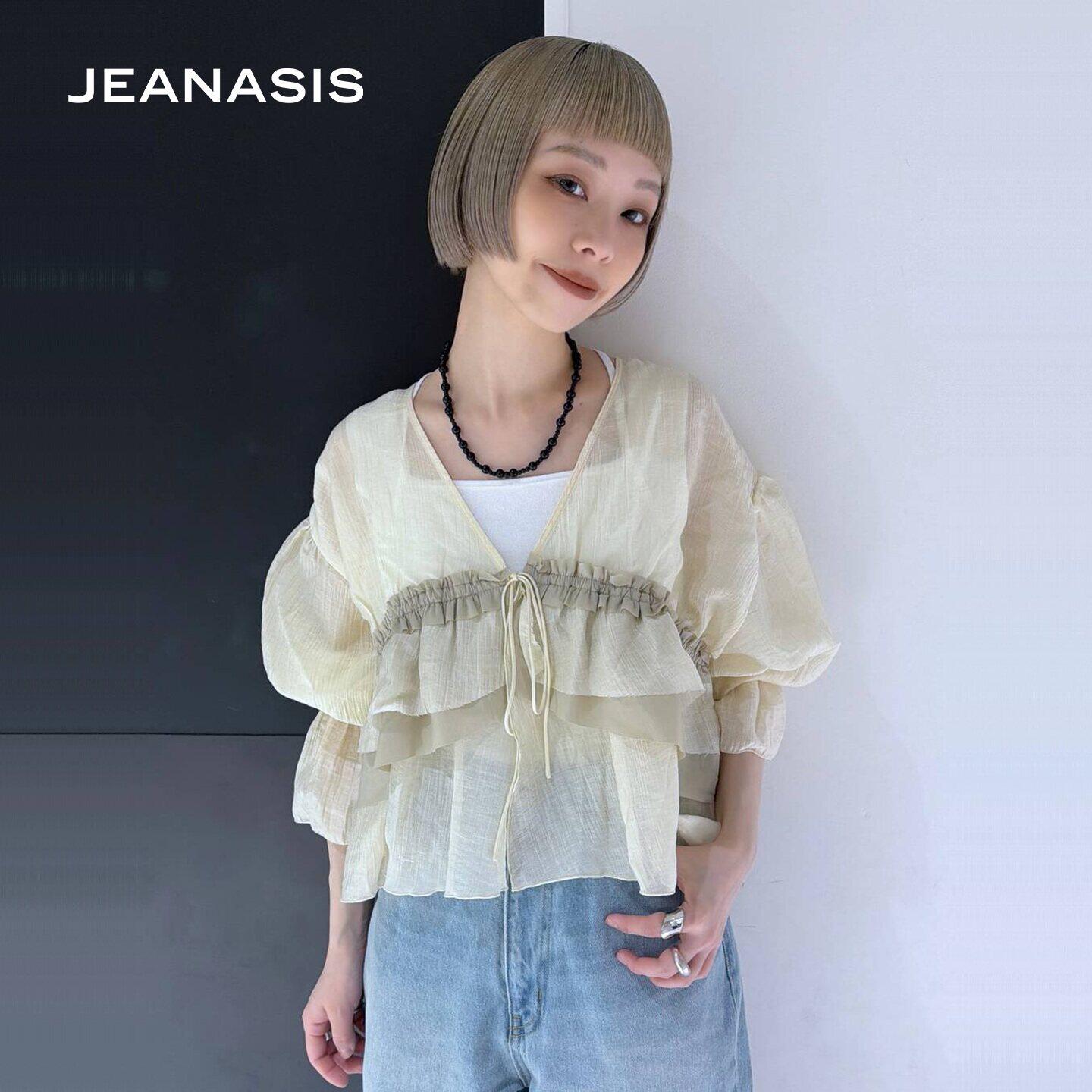 JEANASIS衬衫女2026夏季新款褶皱系带荷叶边V领短款上衣