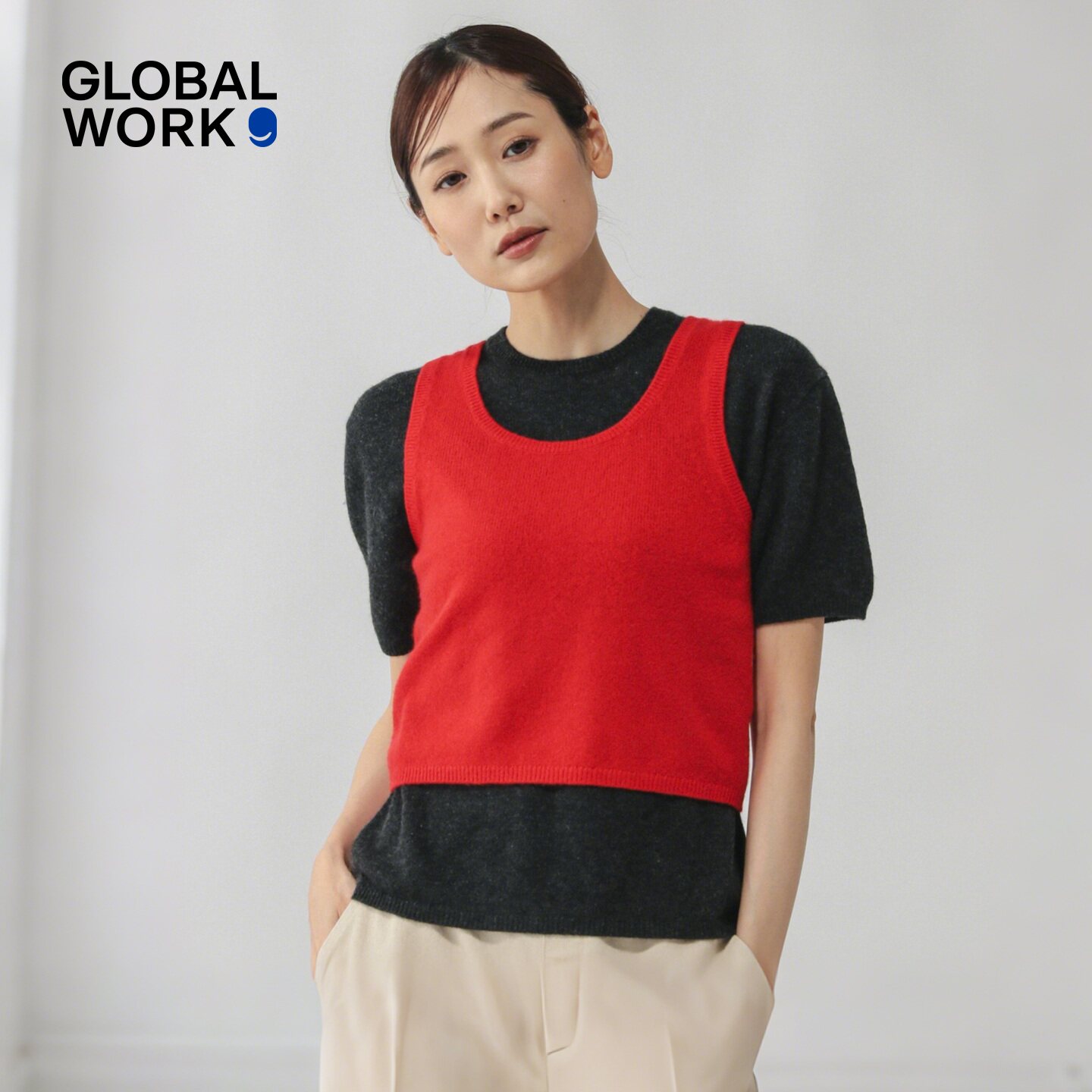 GLOBAL WORK 羊绒衫26秋季新款精纺羊绒薄款背心两件套633006