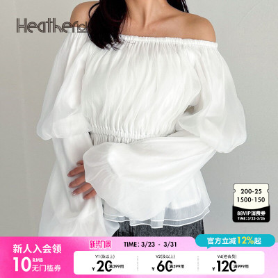 Heatherich2025夏季露肩气质方领网纱长袖小众新款女士衬衫323296