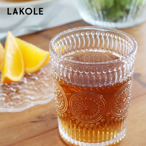 LAKOLE 杯子2025新款简约复古压花家用办公室透明玻璃杯324512