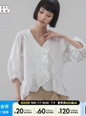 LOWRYS FARM衬衫女2026夏季新款蕾丝灯笼袖V领含棉上衣638507