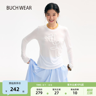 新款 BUCH WEAR T恤女2026春季 上衣594877 简约花朵刺绣休闲长袖
