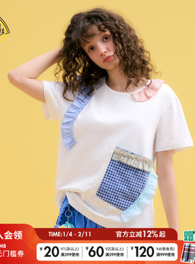 SEE YOU at PIZZA T恤女2025夏季新款蕾丝格纹拼接短袖T恤586944
