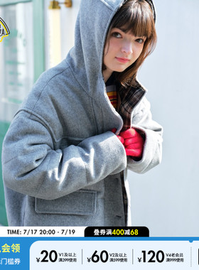 SEE YOU at PIZZA羽绒服女25冬新款羊毛混纺牛角扣连帽外套641335