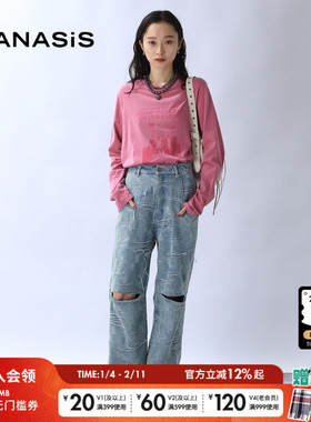 JEANASIS休闲裤女2025春季潮流设计感气质破洞直筒裤105313