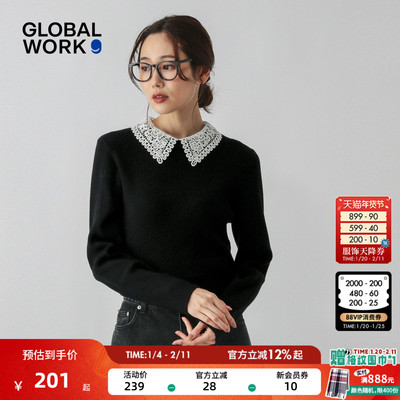 GLOBAL WORK上衣女2025冬季新款甜美减龄蕾丝领长袖针织衫579672
