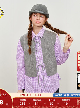 SEE YOU at PIZZA衬衫女2026春季新款翻领格子日系上衣320938