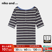 淑女短袖 niko 276542 新款 圆领彩色条纹修身 and ...T恤女夏季