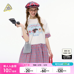 YOU 新款 T恤女2025夏季 格纹拼接印花休闲T恤494830 PIZZA SEE