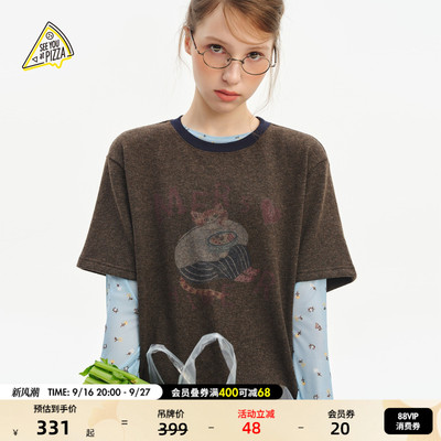SEE YOU at PIZZA T恤女2026秋季新款猫咪针织短袖上衣1070132