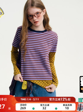 SEE YOU at PIZZA T恤女2026春季新款假两件拼接长袖上衣642233