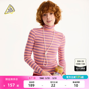 YOU 新款 女2026春季 彩条花边高领打底607178 PIZZA针织衫 SEE