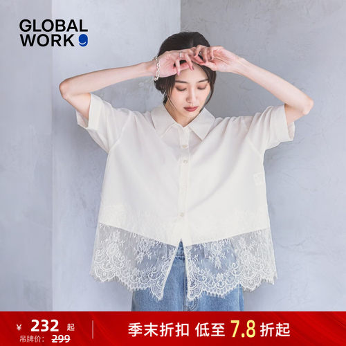 【博主同款】GLOBAL WORK 衬衫女26夏纯色蕾丝拼接短袖上衣805193