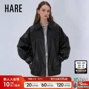 HARE外套女2026春季新款潮酷街头嘻哈拼接pu皮夹克皮衣635677