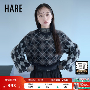 HARE针织衫女2026春季新款复古菱格纹仿水貂毛短款毛衣625155