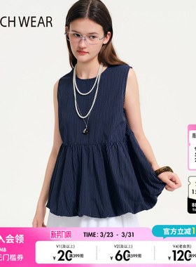 BUCH WEAR衬衫女2026春季新款棉质藏青条纹无袖荷叶边上衣642276