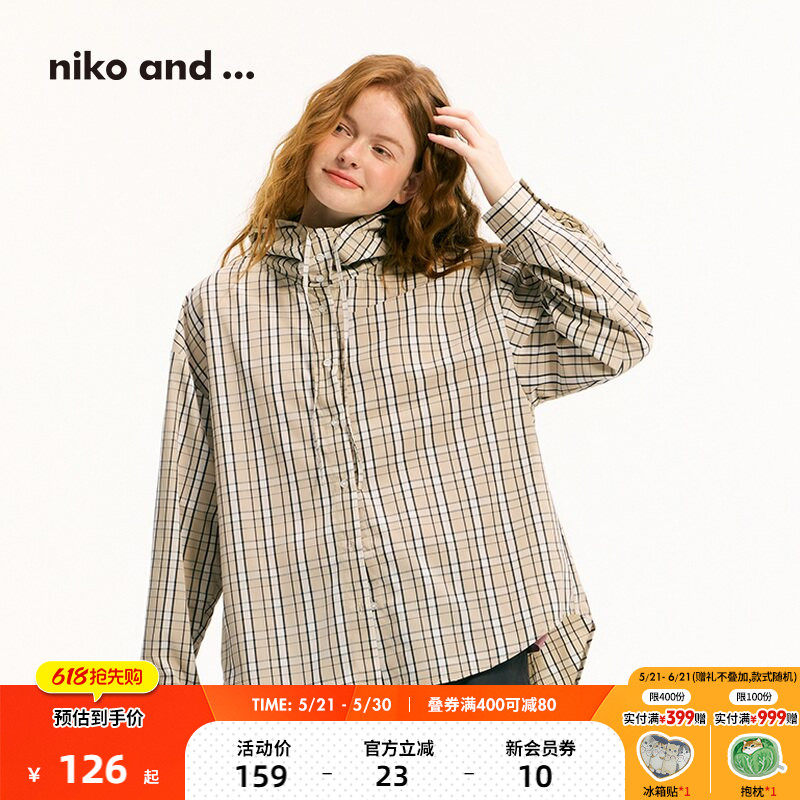 niko and ...外套女2025夏季新款日系连帽衬衫格子长